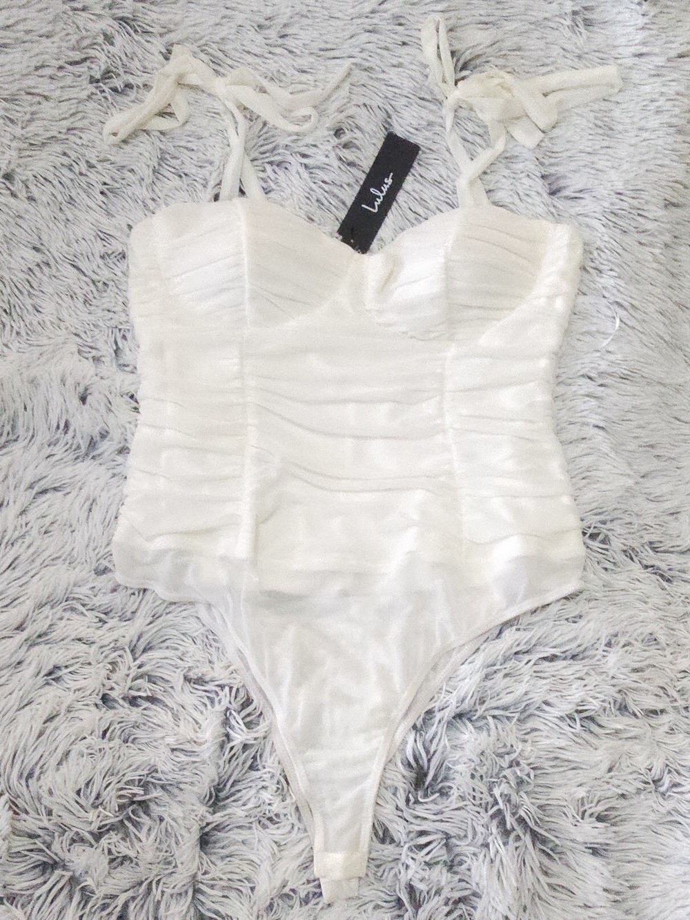 Lulu's White Ruched Sheer Mesh Tie-Strap Bodysuit